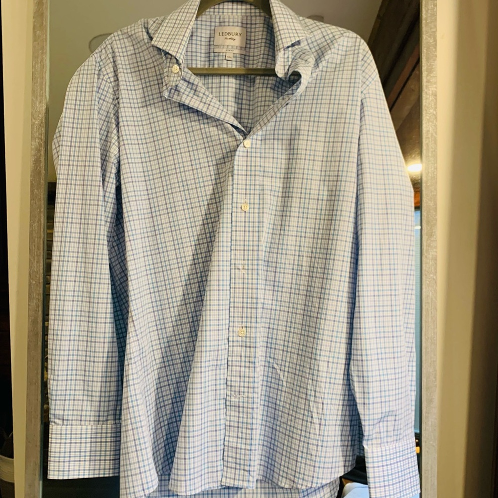 Leorux Men's Light Blue Plaid Dress Shirt